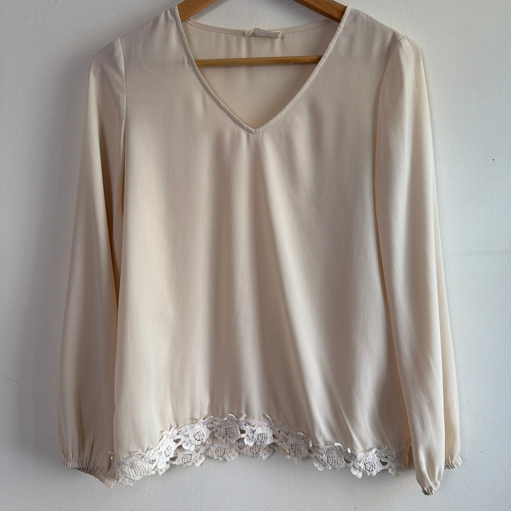 Rhyme‎ Los Angeles Women's Blouse Office Small Cream Boho Lace Mesh Minimal